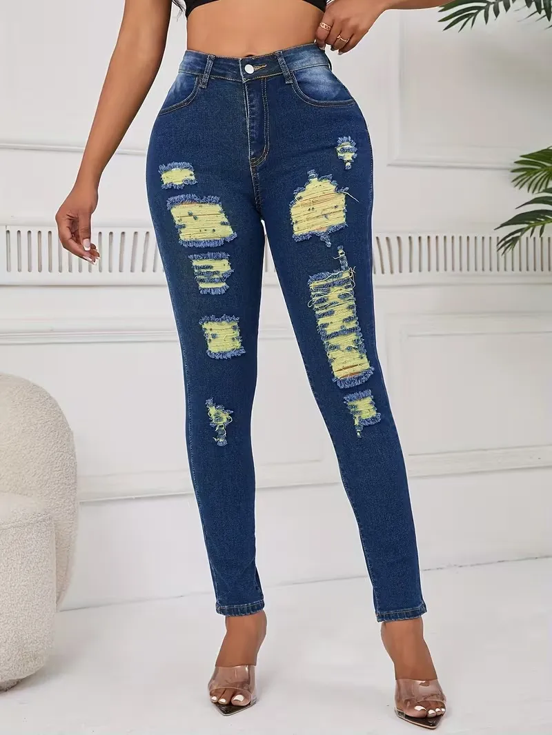 Women's Fashion Yellow Ripped Distressed Skinny Jean Slim Fit Denim Pants