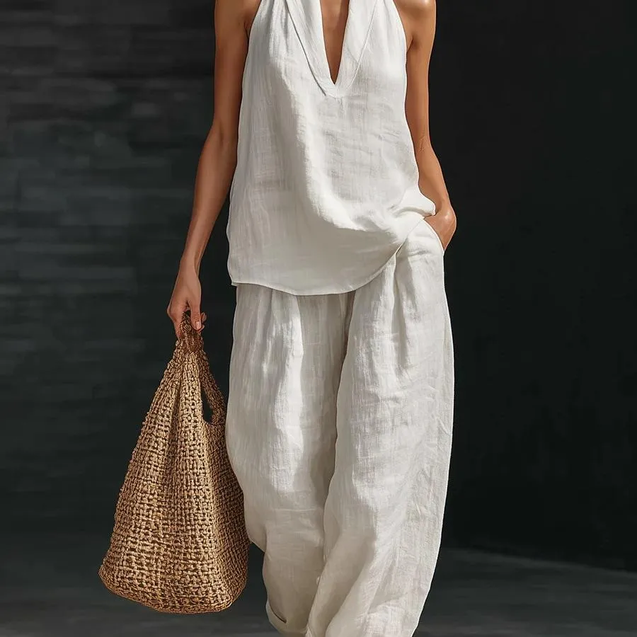 Two Piece Set - Perfect for Beach, Vacation & Brunch! Halter Neck Sleeveless Top Wide Leg Pants Set