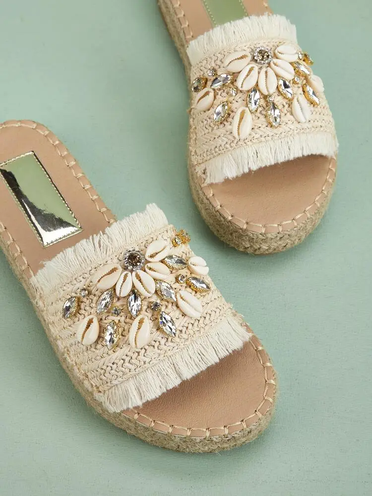 Rhinestone & Shell Decor Espadrille Sandals