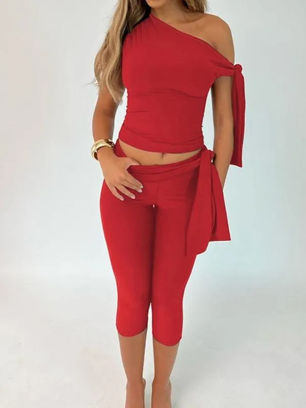 Women's Solid Asymmetrical Neck Knot Design Top & High Waist Capri Pants Two-piece Set