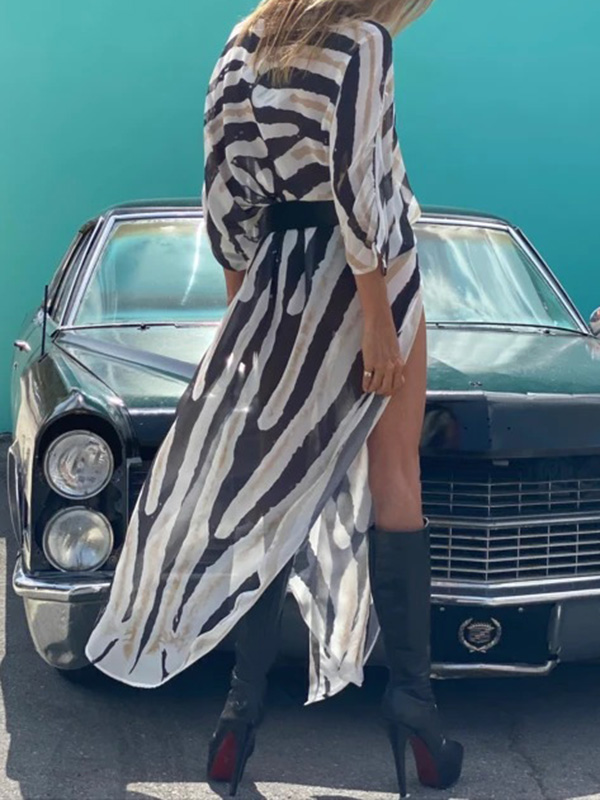 Sexy Zebra Pattern  Half Sleeve Wide Belt Cover-Ups Tops