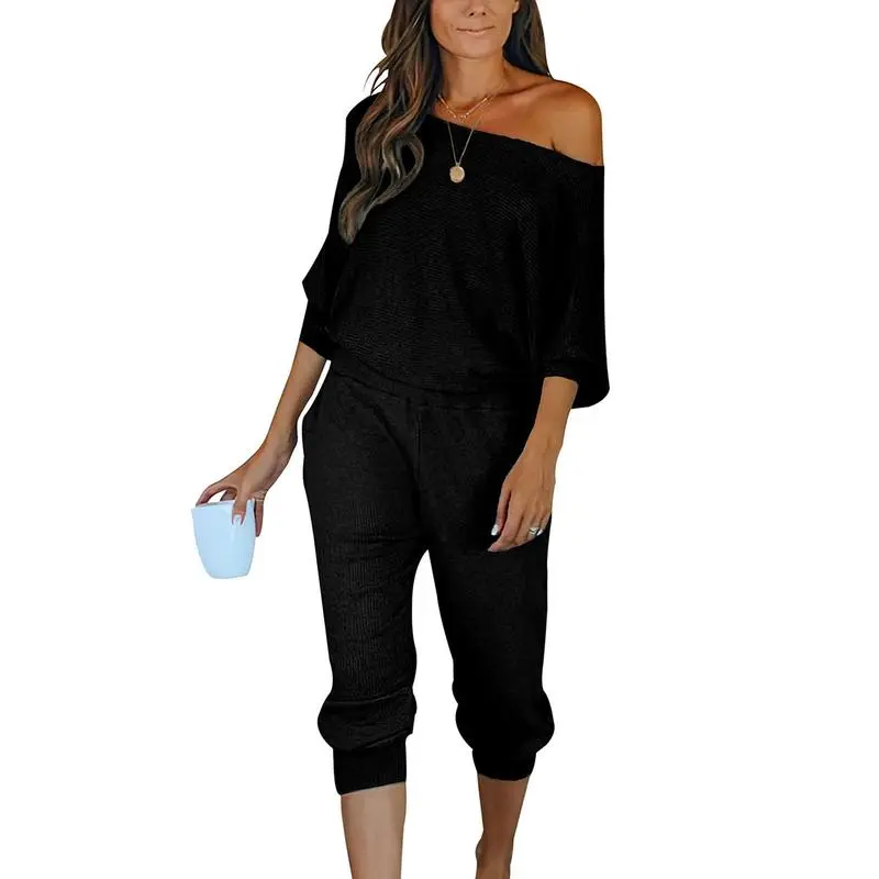 Women's 2-Piece Set Ribbed Knit Off Shoulder Tops Lounge Pants Tracksuit