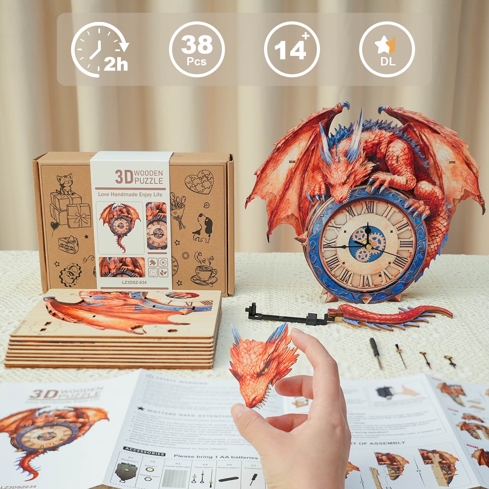 Flame Dragon– DIY Wooden Clock, 3D Puzzle Craft Kit