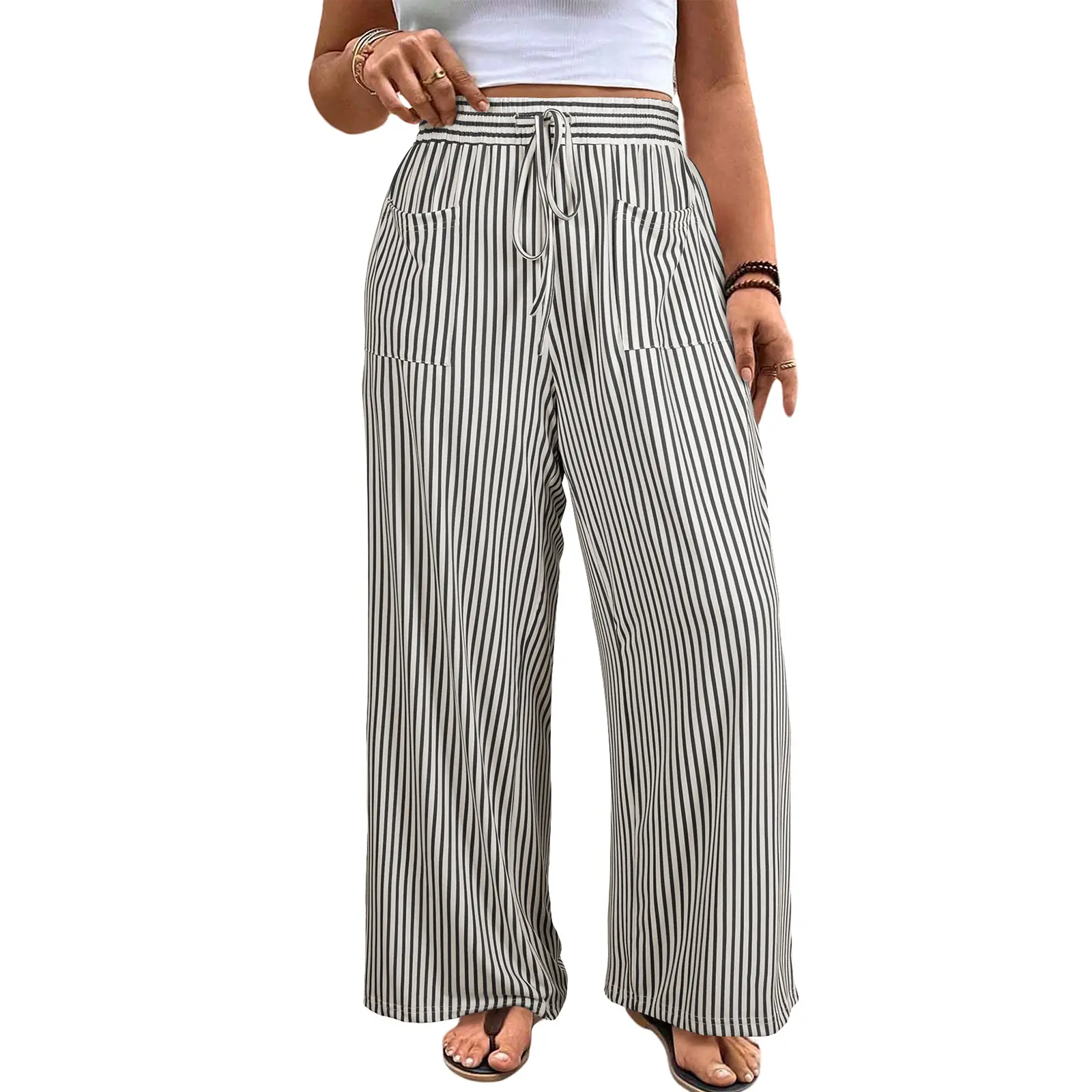 Womens Plus Size Wide Leg Pants Elastic High Waist Striped Casual Palazzo Pants Lounge Trouser with Pockets (1X-5X)