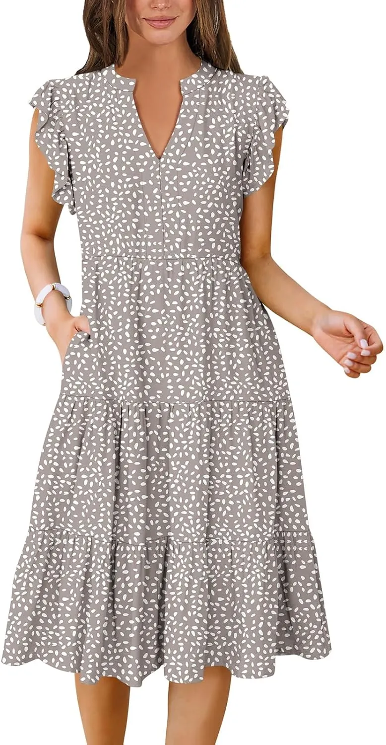 Women's Ruffle Sleeve V-Neck Tiered Midi Dress