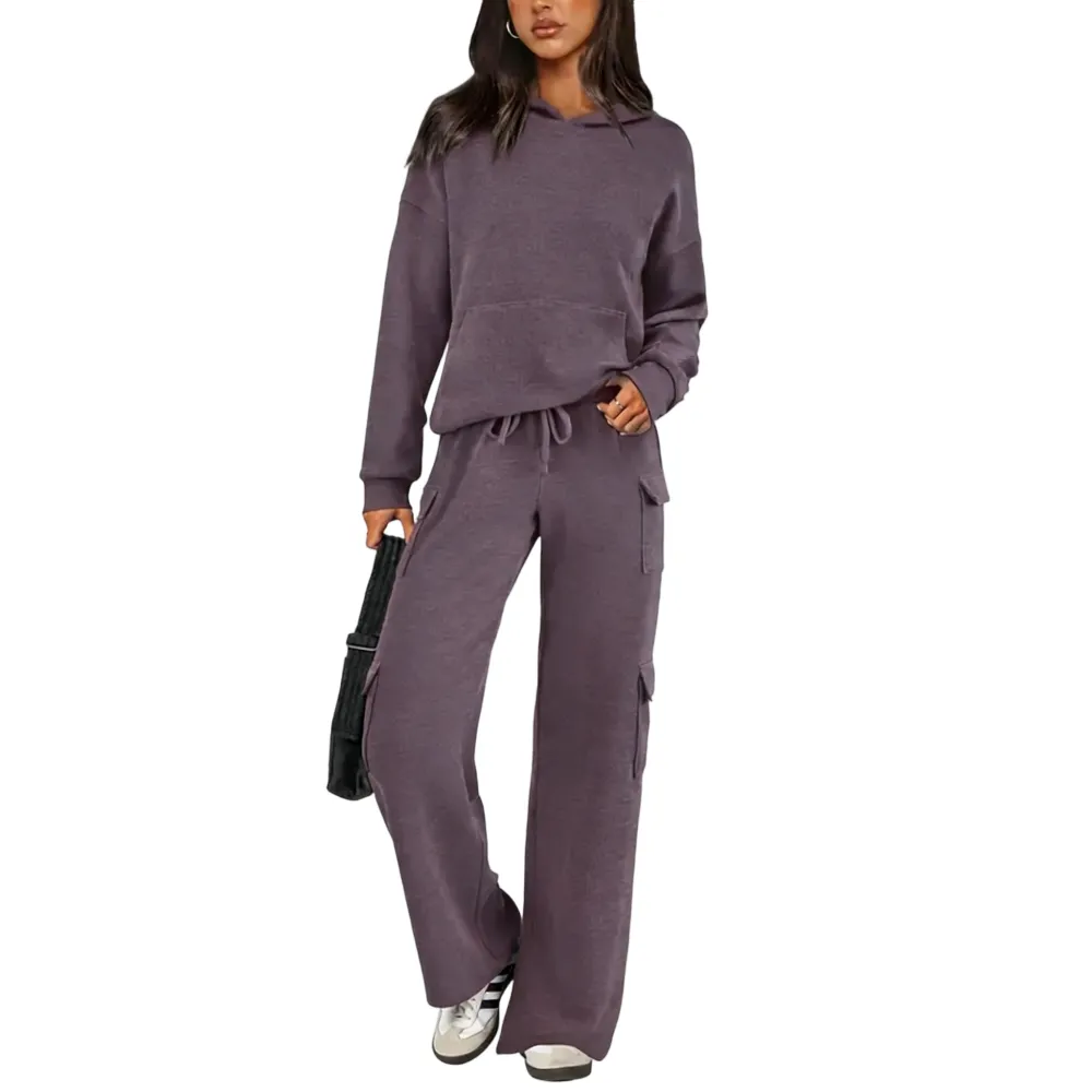 Women’s Casual Knit Tracksuit – Hoodie & Wide Leg Pants with Pockets