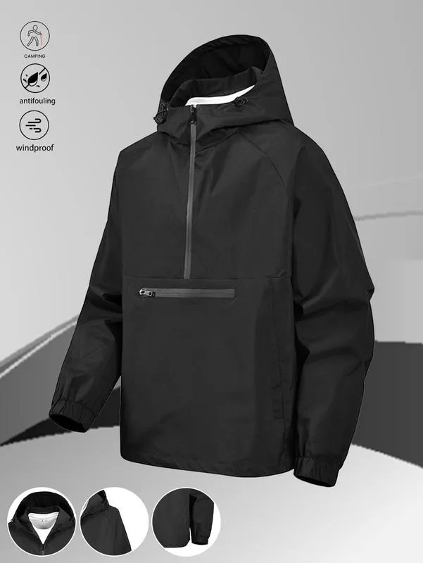 One black half-zip pullover with hoodie, outdoor camping style, large pockets, made of stain-resistant fabric