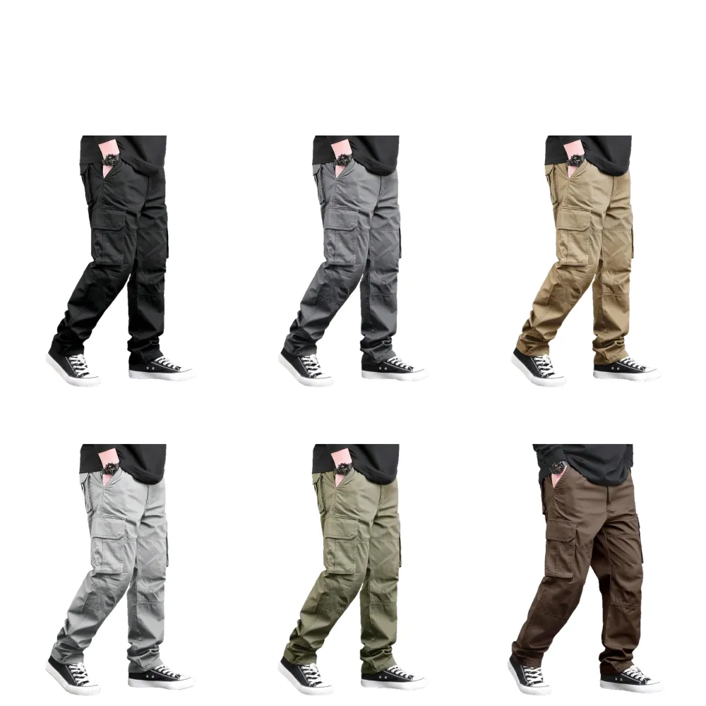 Men's loose-fitting, solid-color casual cargo pants with slanted side pockets and a drawstring waist
