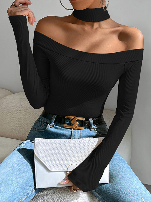 Solid Color Long Sleeves Skinny Off-The-Shoulder T-Shirts Tops
