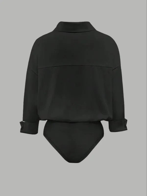 Women's casual loose V-neck long-sleeved shirt jumpsuit, elegant woven fabric, slim fit