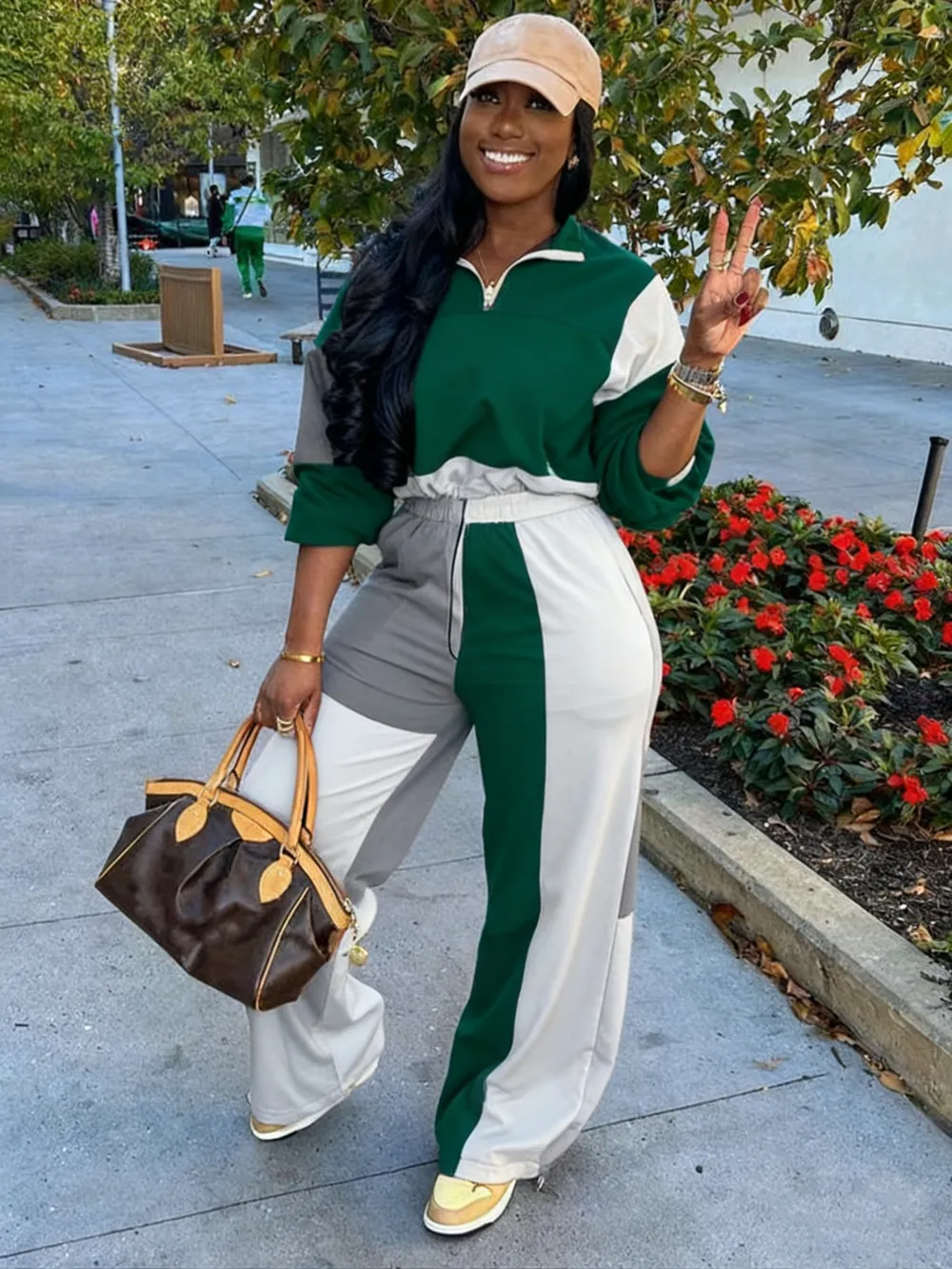 2-piece Set Women's Colorblock Zip Up Jacket & Wide Leg Pants