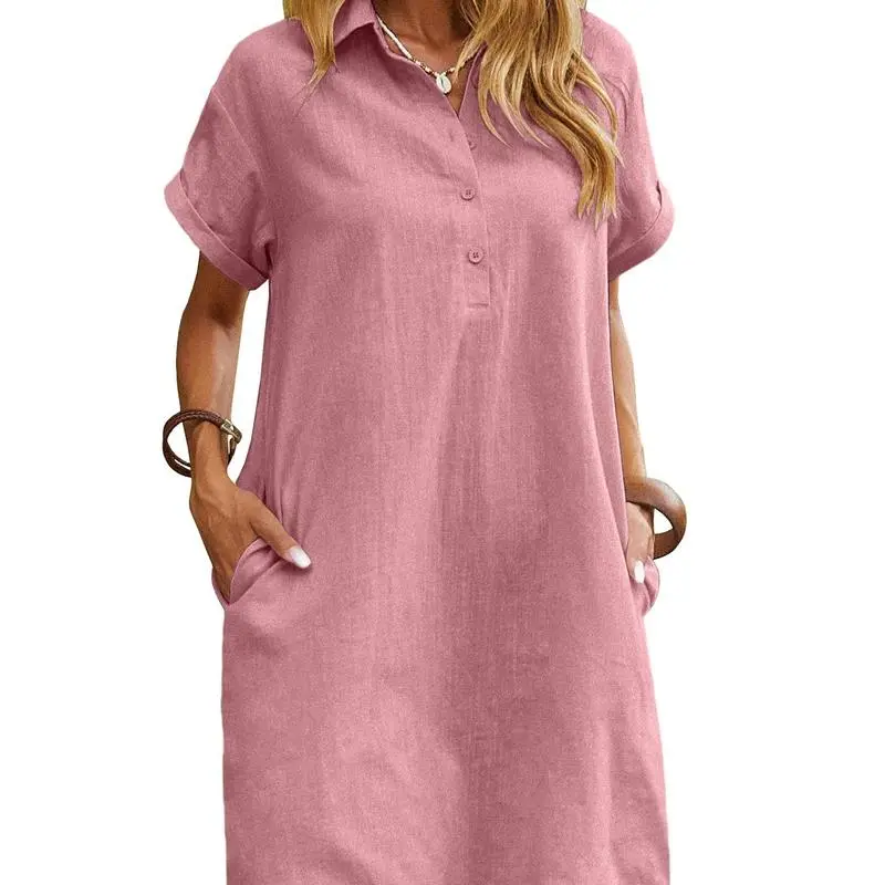 Womens Cotton Shirt Dress Summer Casual Short Sleeve Button Down Beach Cover Up Shirts with Pockets