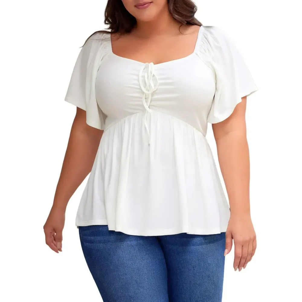 Women Plus Size Sweetheart Neck Short Sleeve Shirred Peplum Blouse Tops Shirts