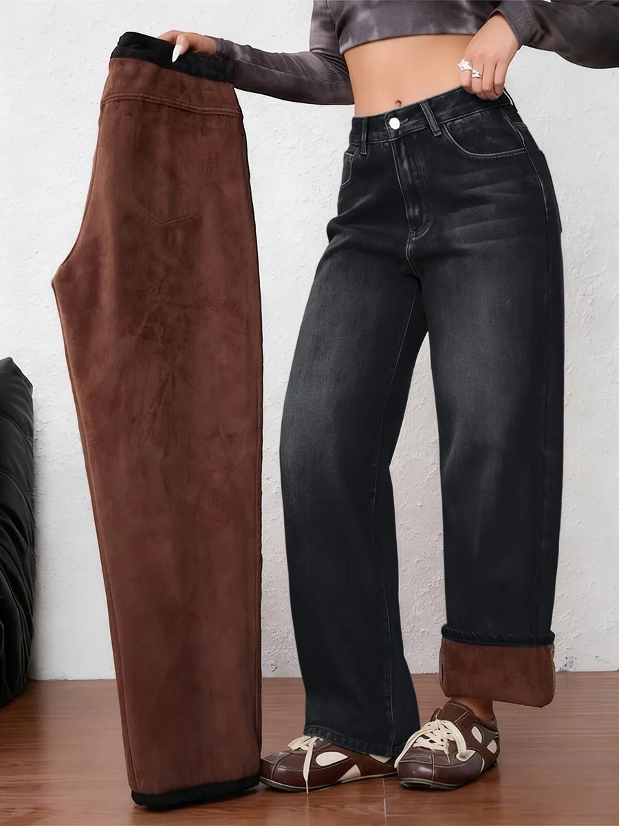Women's Vintage Fleece-Lined Thickened Fall Winter Wide Leg Jeans