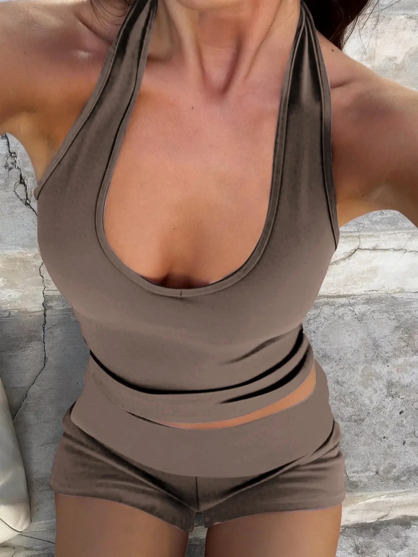 Women's Casual Striped Halter Neck Crop Top & Shorts Set, Summer Fitted Two-Piece, Regular Length, Moderate Fabric Thickness, Womenswear