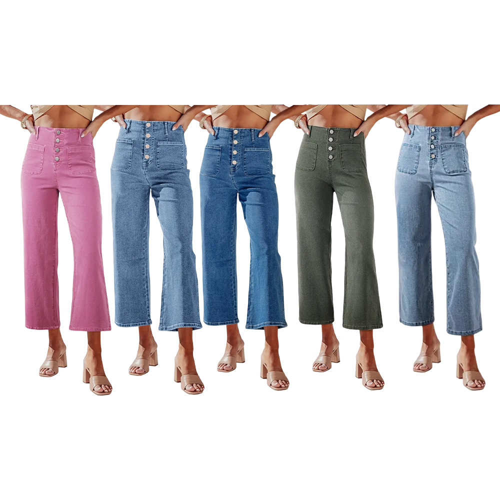 Women's Wide Leg Jeans High Waisted  Stretchy Straight Leg Jeans Buttoned Loose Denim Pants with Pocket