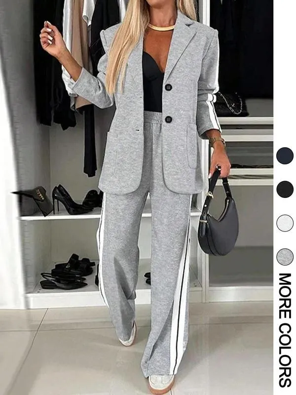 Women's Striped Print Blazer Jacket & Wide Leg Pants Set