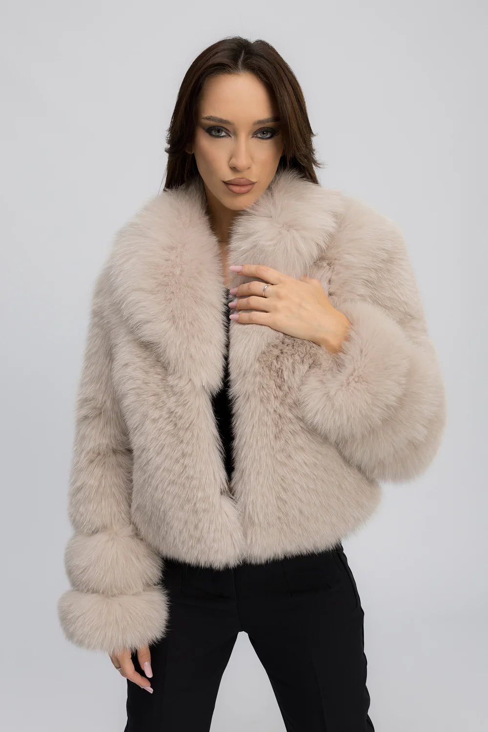 Haină din Blană Naturală de Vulpe Polară, cu Guler Rever, Femei, Ivory Cloud 471