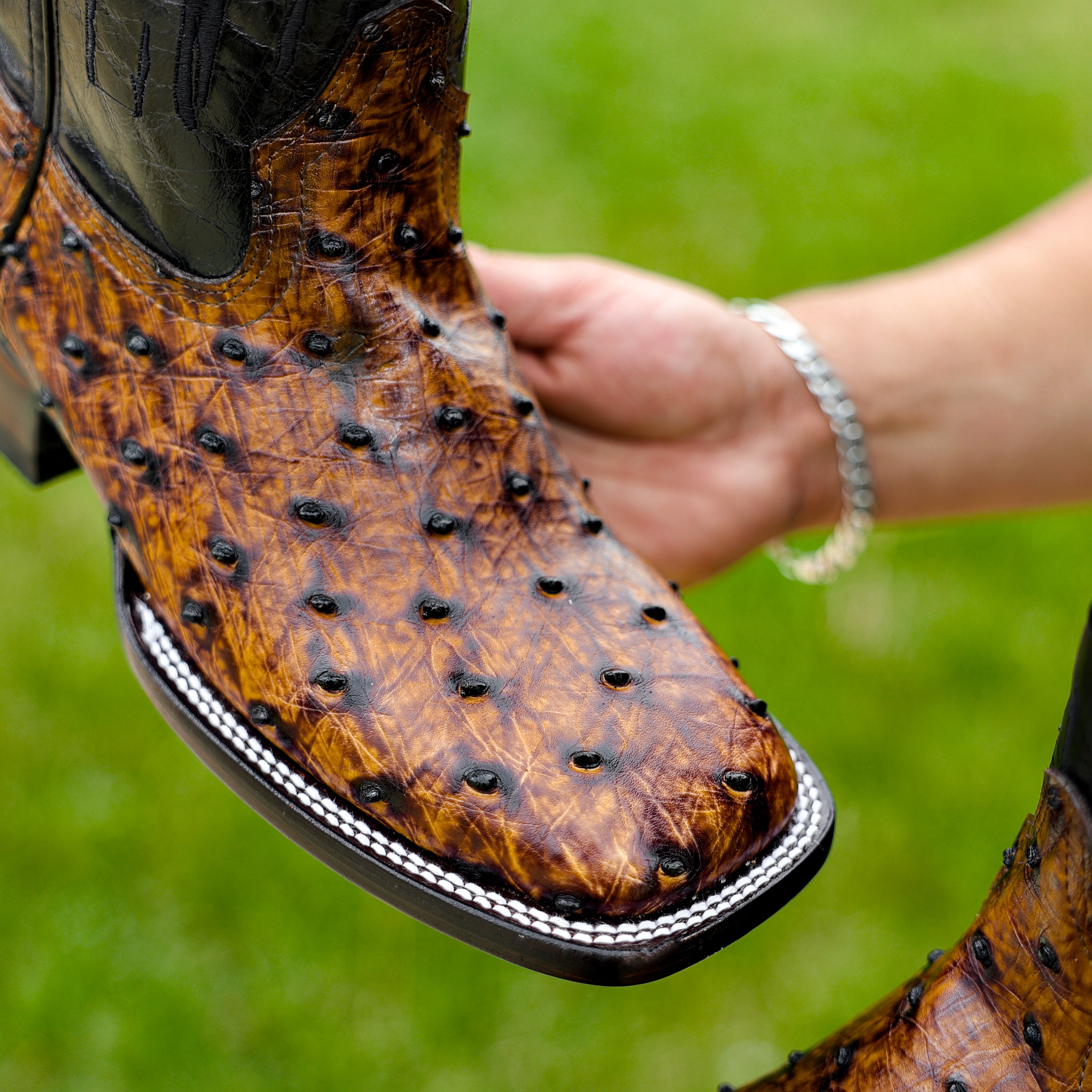 Honey Cognac Ostrich Leather Boots - Square Toe