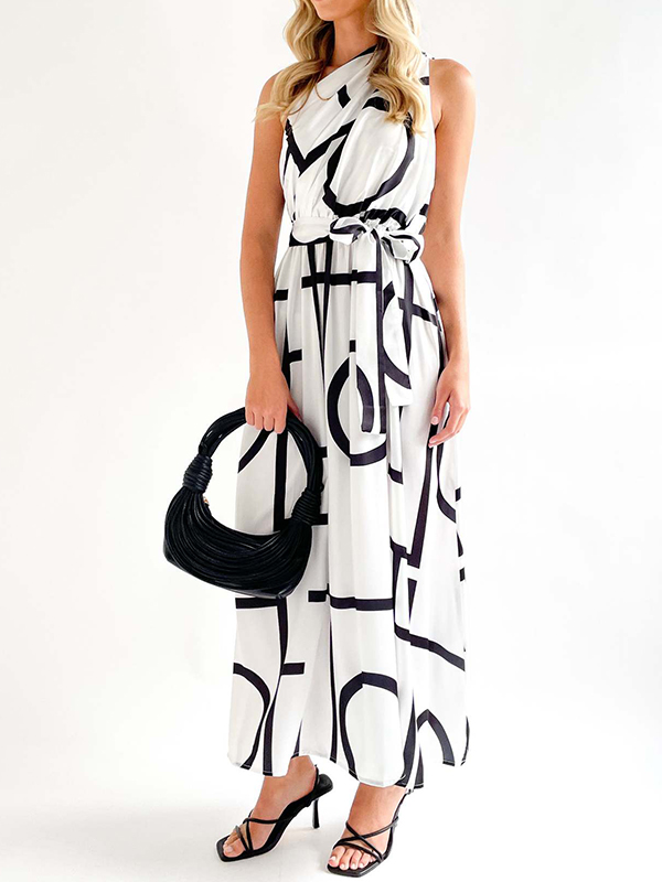 Bandage Contrast Color Hollow Printed Loose Sleeveless One-Shoulder Midi Dresses