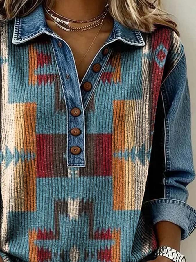 Women'S Casual Color-Block Printed Patchwork Pullover Sweatshirt