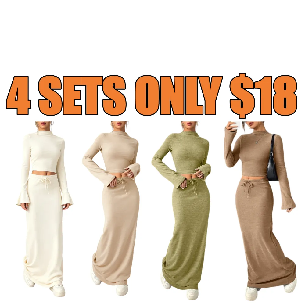 Women Flounce Sleeve Crop Tee Skirt Two-piece Set