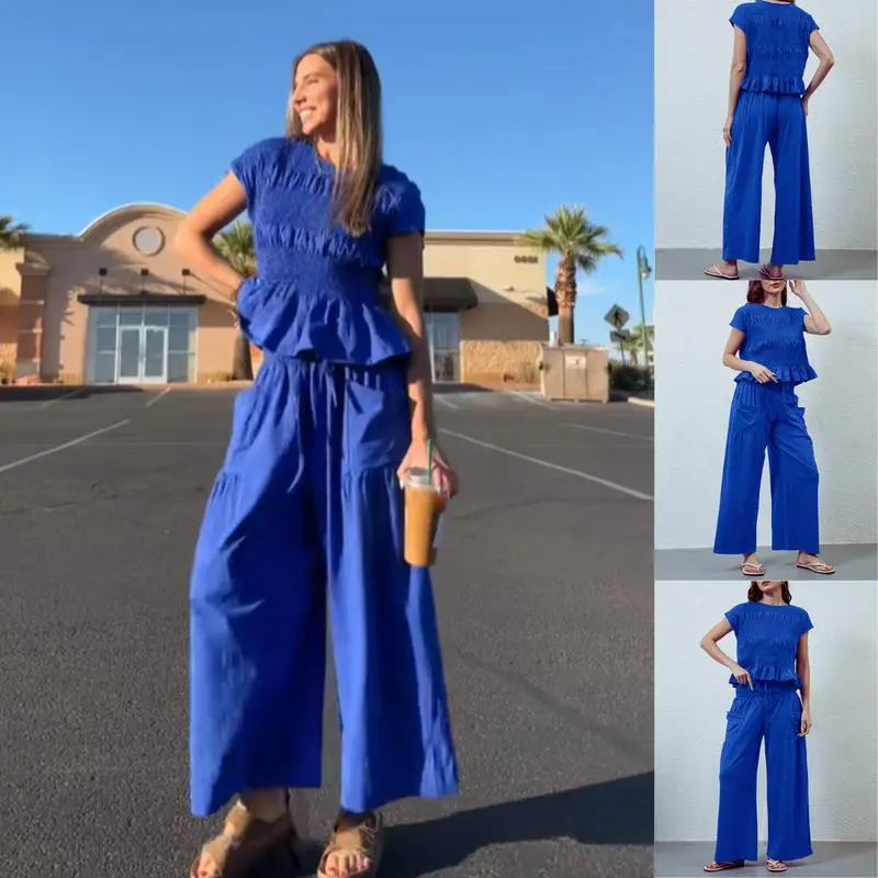 Casual Boho Matching Set Smocked Top & Wide-Leg Pants