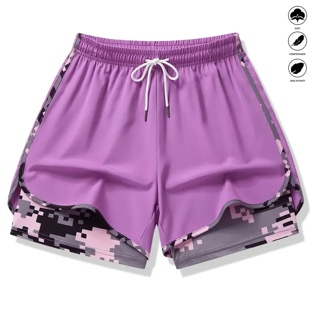 Women’s casual athletic shorts with built-in liner, drawstring, elastic waistband—suitable for outdoor sports, fitness