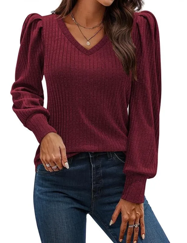 Women's Knit Shirt Soft Puff Long Sleeve Blouse Tops