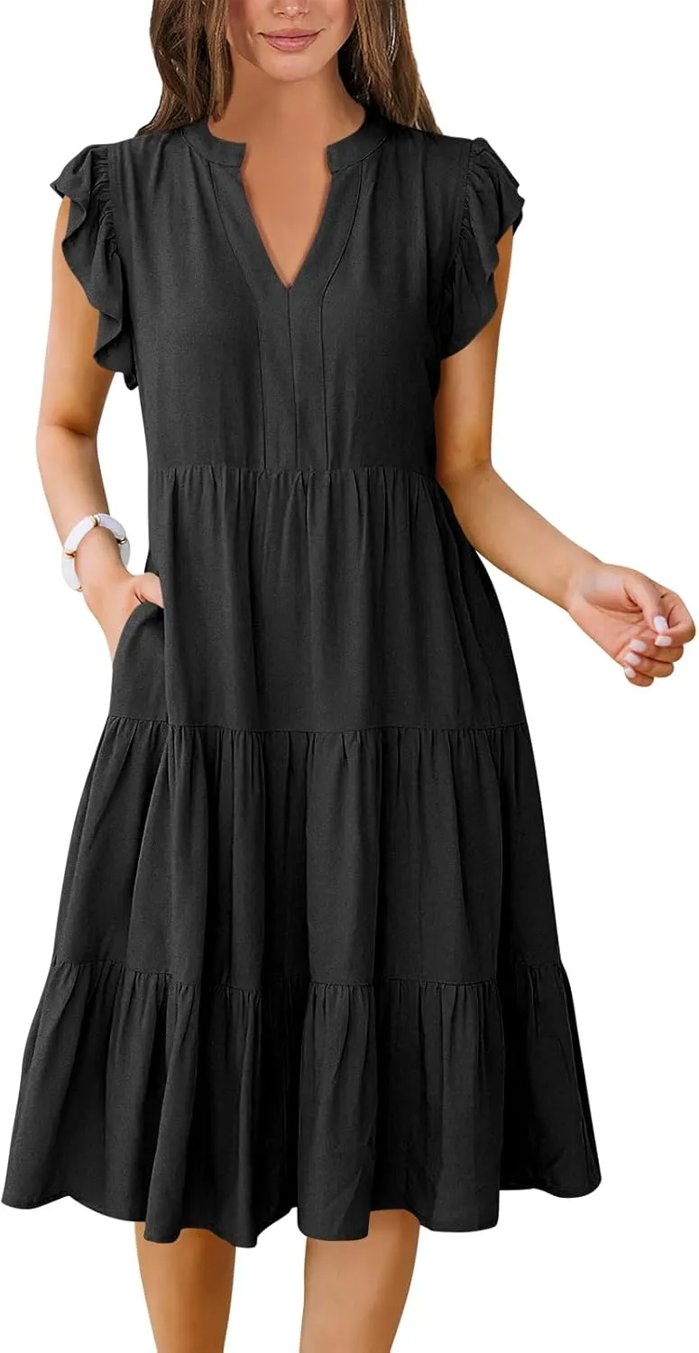Women's Ruffle Sleeve V-Neck Tiered Midi Dress