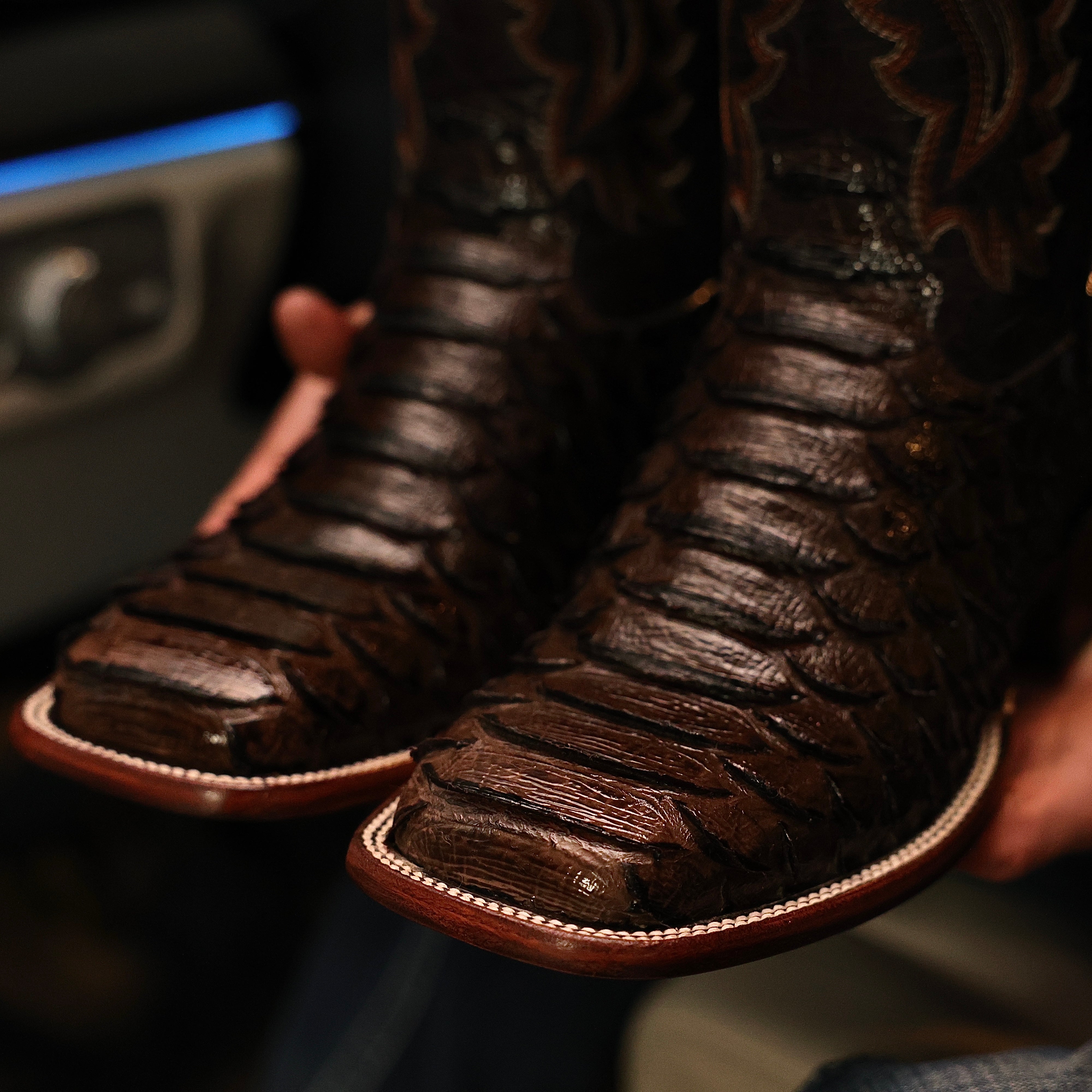 Chocolate Brown Python Leather Boots - Square Toe