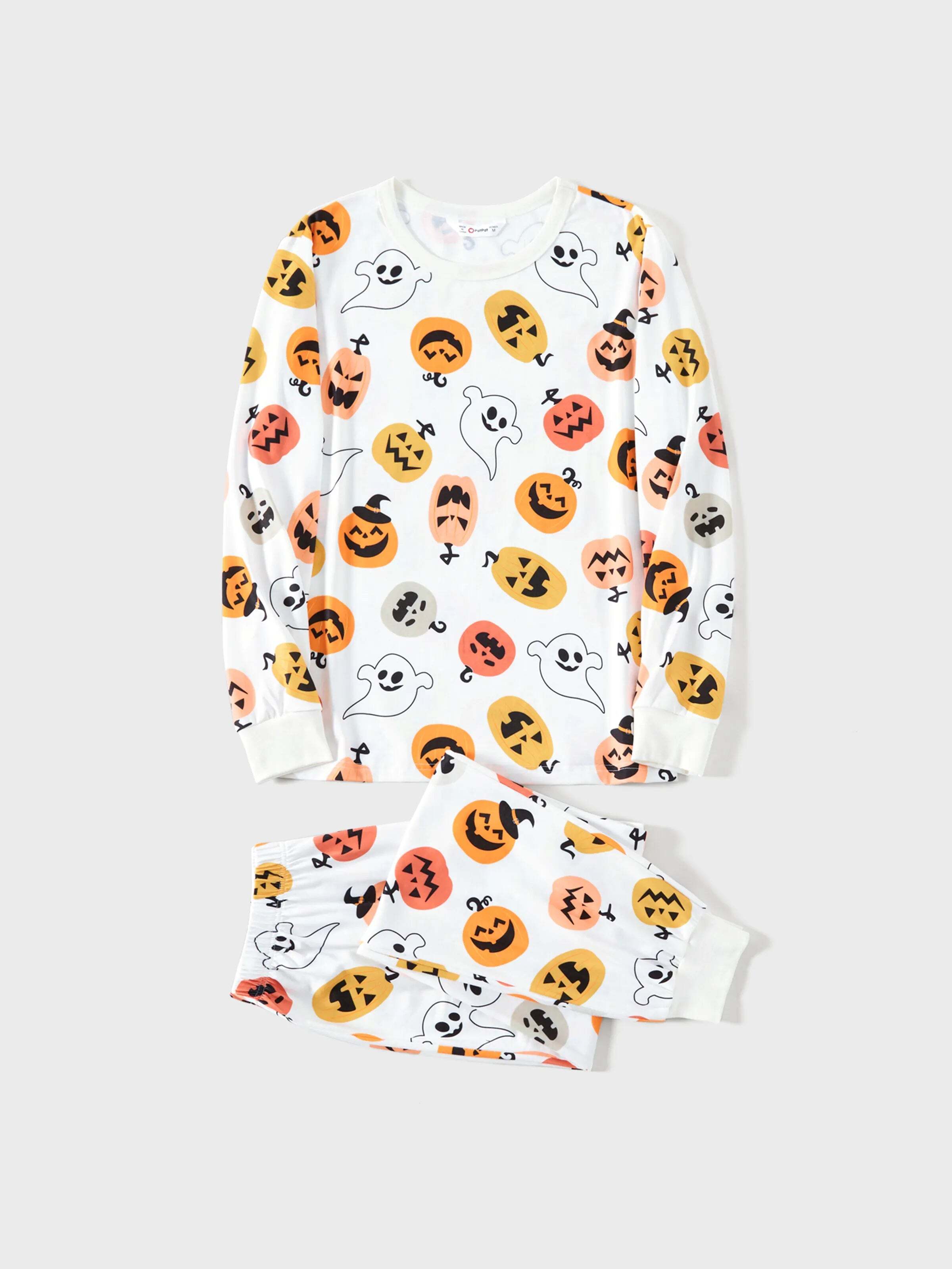 Halloween Family Matching All Over Pumpkin & Ghost Print Pajamas sets White