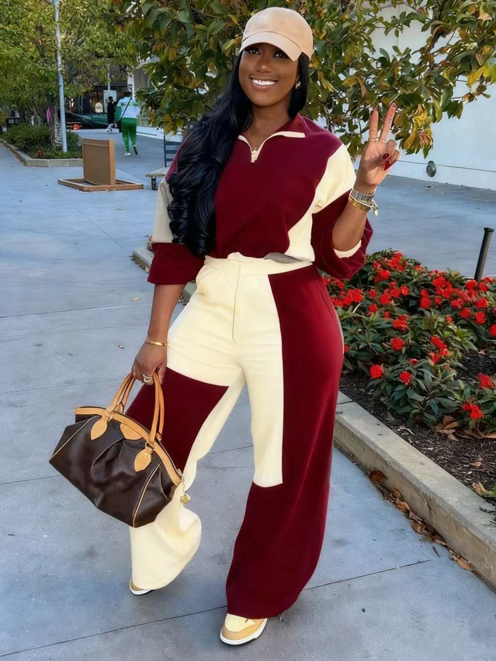 2-piece Set Women's Colorblock Zip Up Jacket & Wide Leg Pants