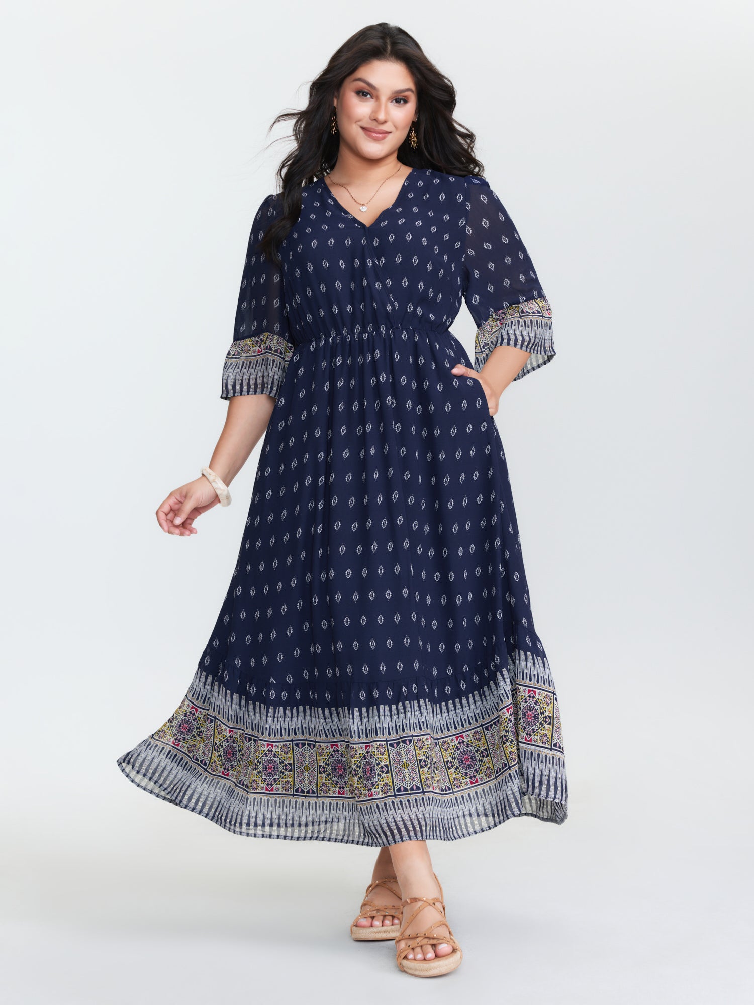 Boho Geometric Print Wrap Maxi Dress