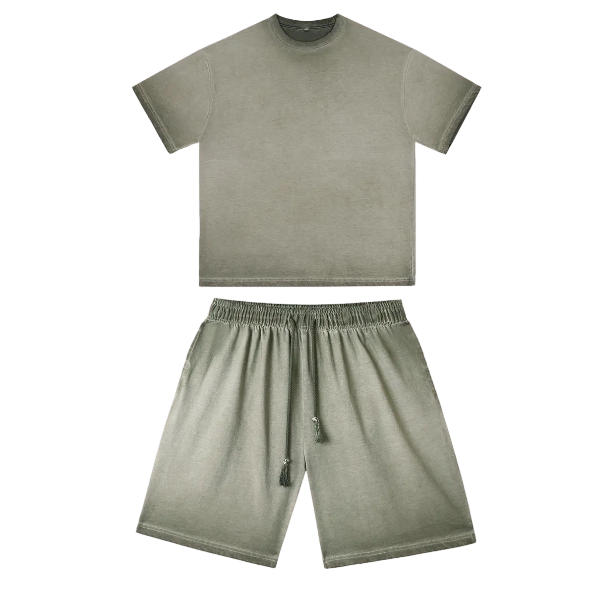 Fashion Tshirt & Shorts Set Summer Washed Cotton Dirty Washed Trendy Gradient Color Men's and Women's Suits, Short-sleeved Tops Paired with Shorts, Retro Outfits.