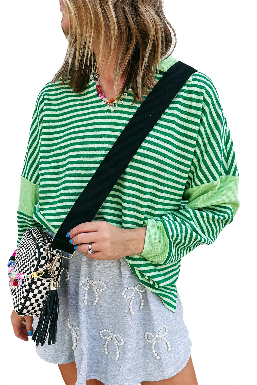 Stripe Turn-Down V Neck Patchwork Loose Top