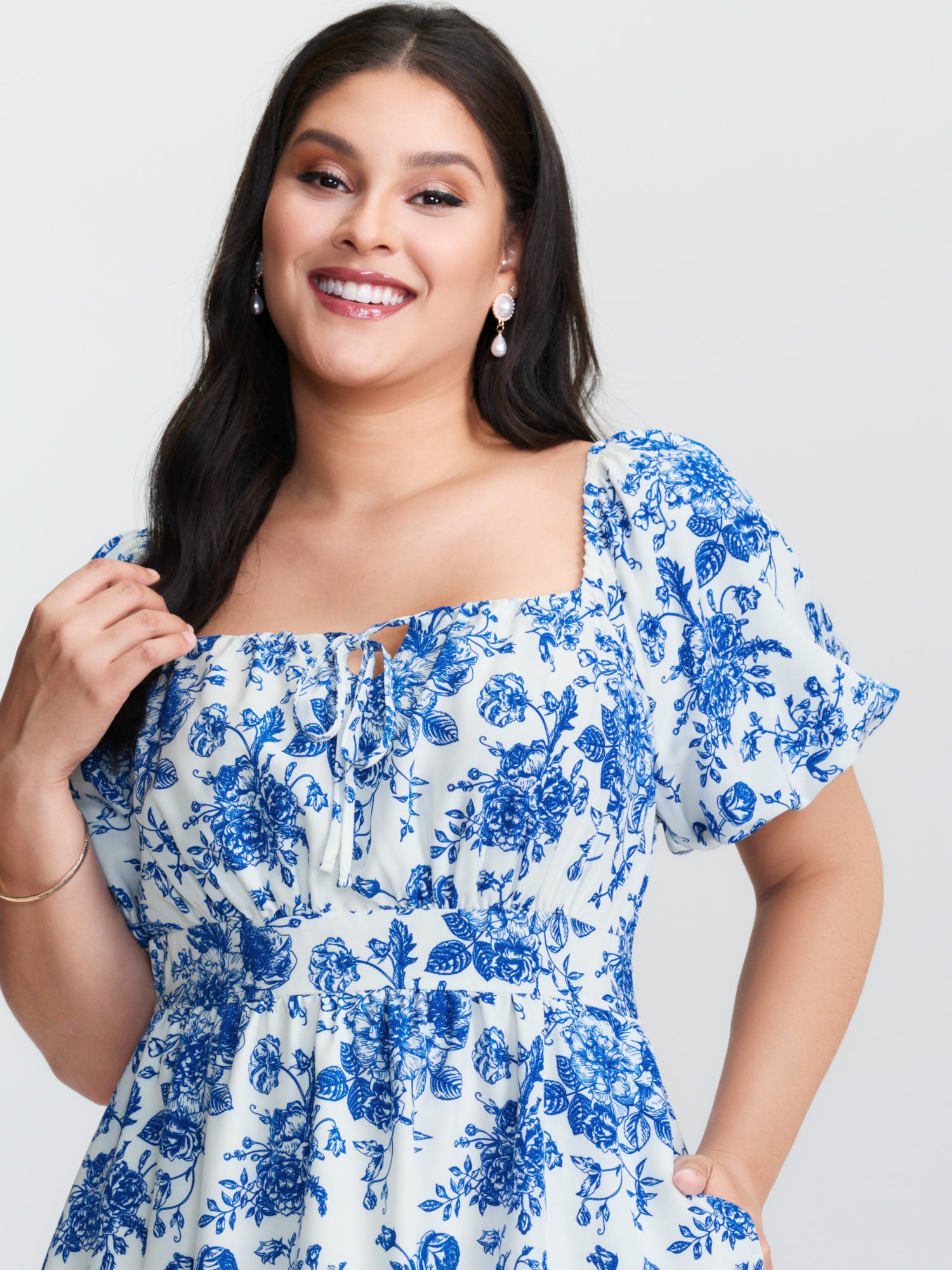 Floral Print Shirred Bodice Drawstring Mini Dress