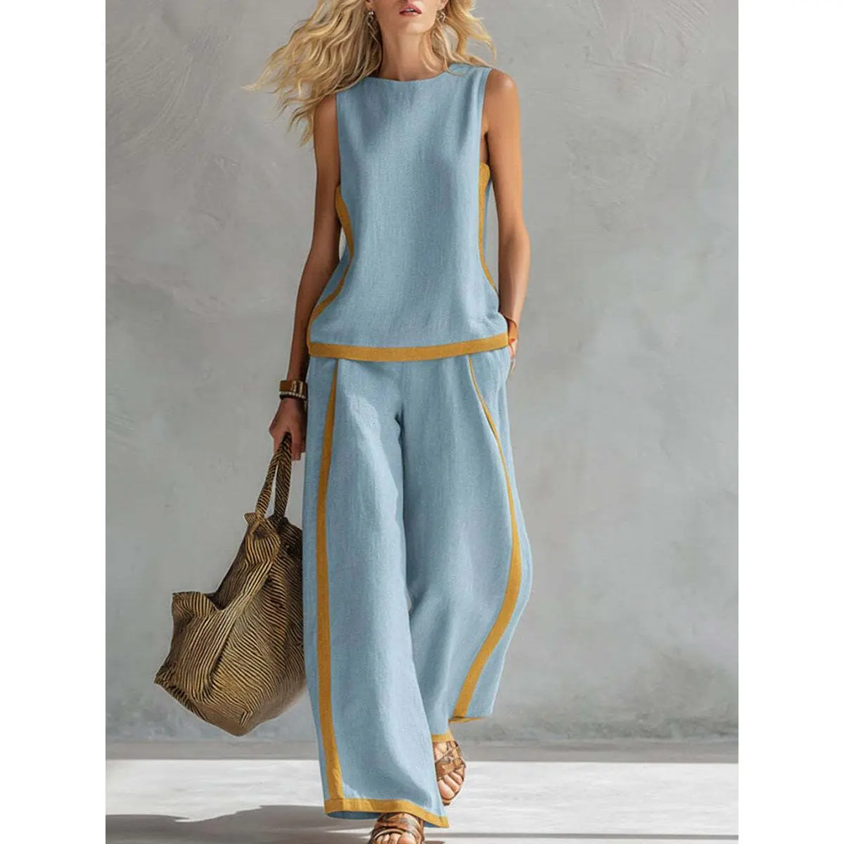 2026 New Arrival: Women's Two-Piece Set — Sleeveless Color-Block Top & Wide-Leg Pants