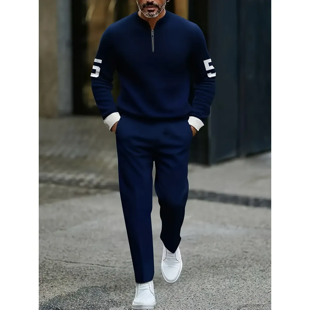 Fashion Stand up Collar Half Zipper Geometric Casual Simple Men's Set