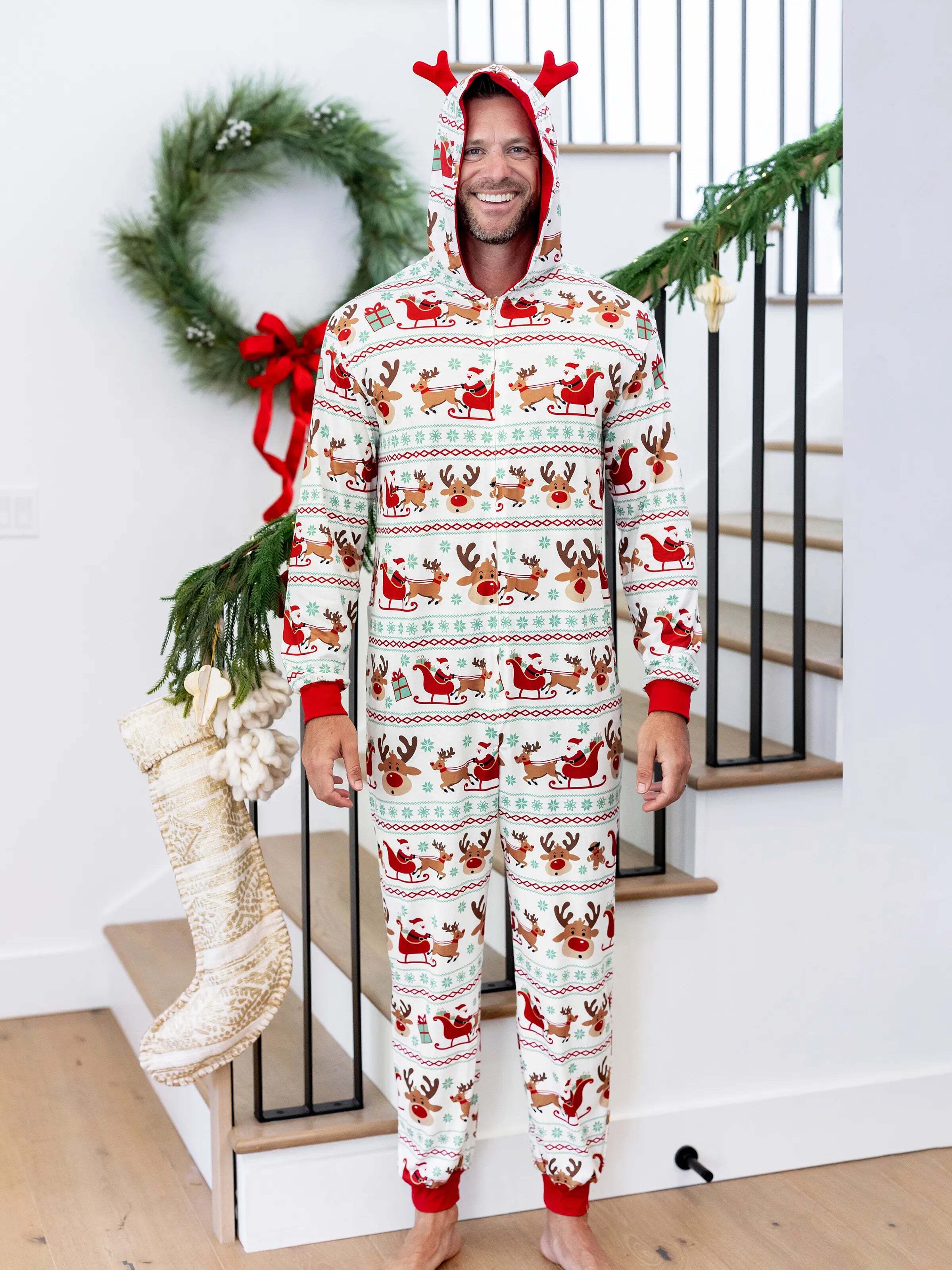 Christmas Onesies Matching Family Pajamas Set Reindeer Print Long-sleeve PJS with Christmas Socks Red