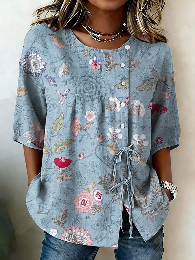 Women's Retro Floral Button Lace Up Tie Shirt- Fast Shipping
