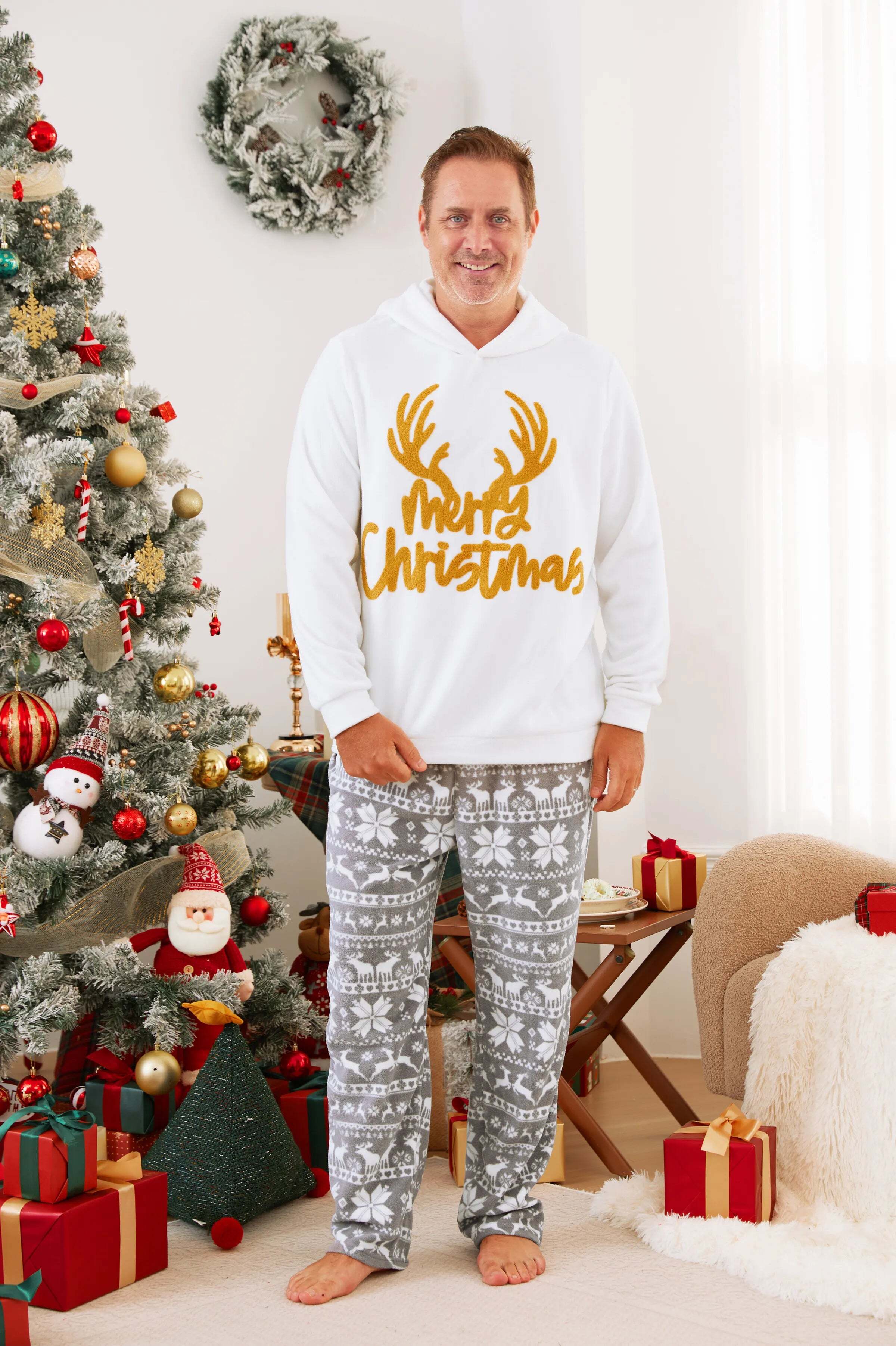 Christmas Family Matching Letters Embroidered Long-sleeve Hooded Fleece Pajamas Sets with Christmas Socks White