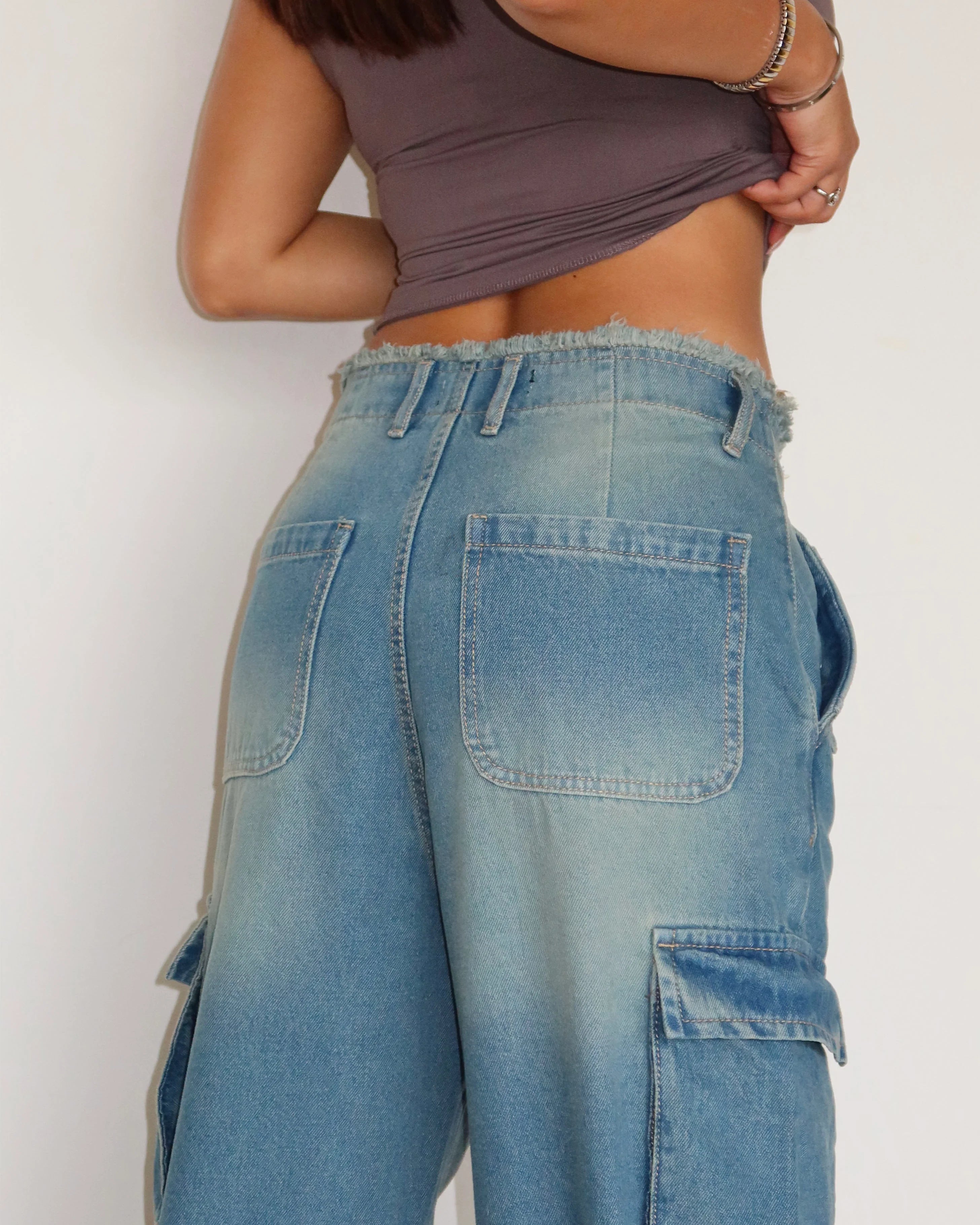 Lunar Grey Raw Waist Baggy Wide Leg Cargo Jeans