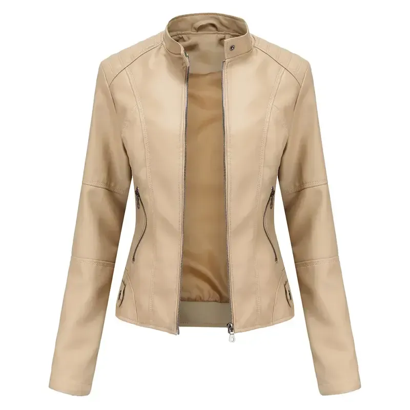 Women's Slim Fit Faux Leather Jacket Stand Collar Motorcycle Style Spring Autumn