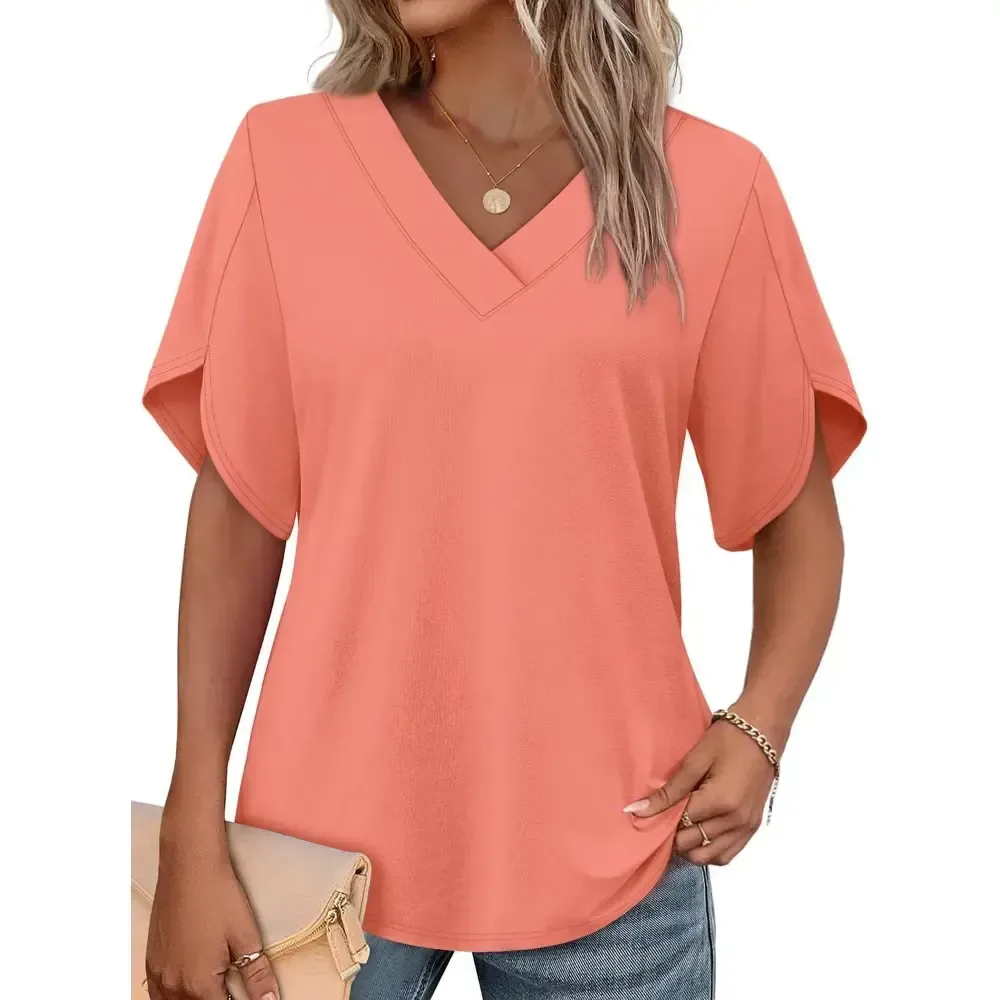 Womens Summer Tops Short Petal Sleeve Shirts Fashion V Neck Outfits Clothes