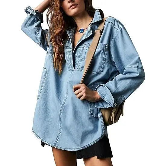 Women's Denim Pullover Casual Loose Fit V Neck Blouse