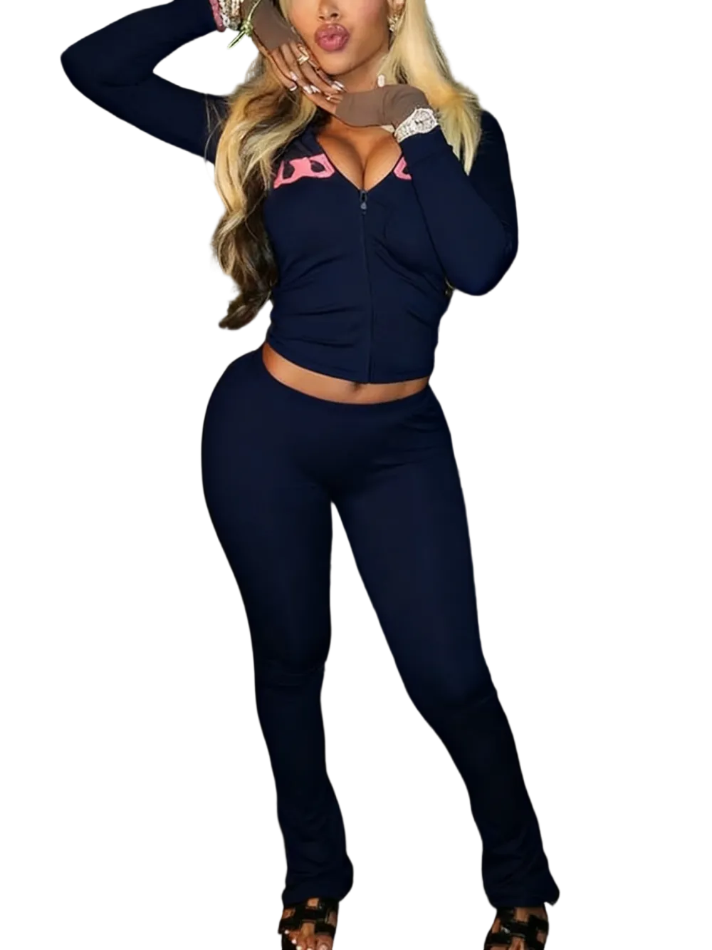 Women's Fall Winter Hooded Letter Print Zipper Jacket and Pants Set