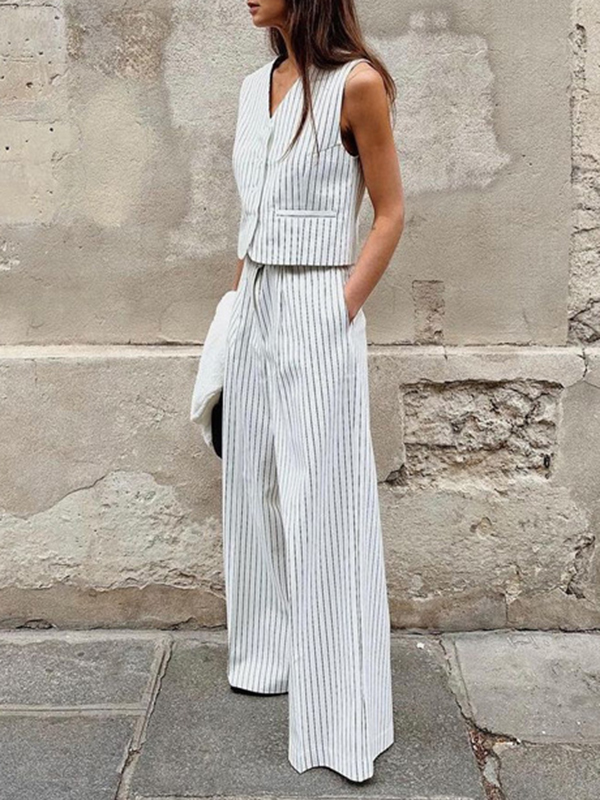 Striped Loose Sleeveless Buttoned V-Neck Vest Top + Pockets Pants Bottom Two Pieces Set