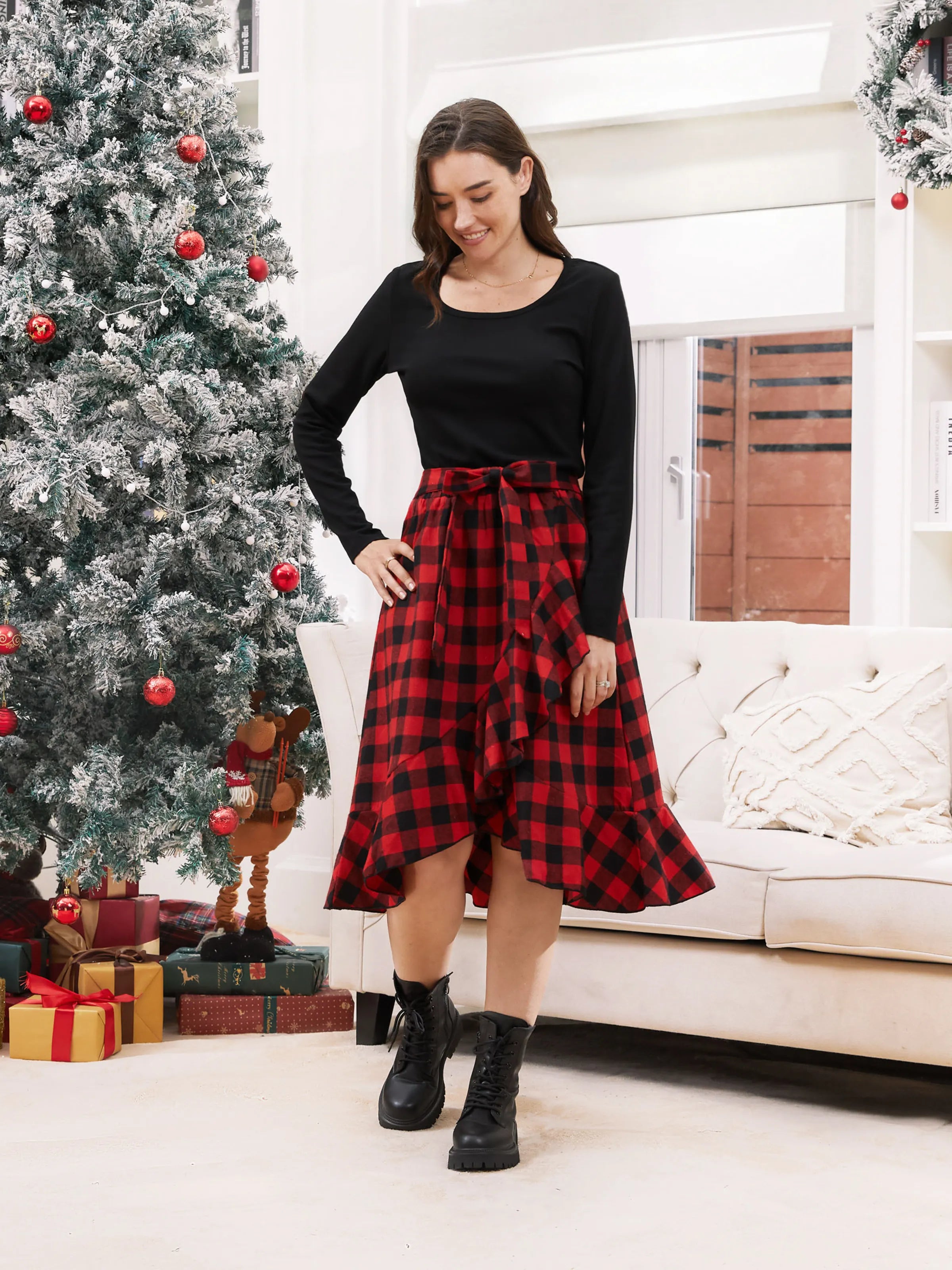 Matching Family Outfits Black and Red Plaid Co-ord Sets Hi-Low Flowy Hemline redblack