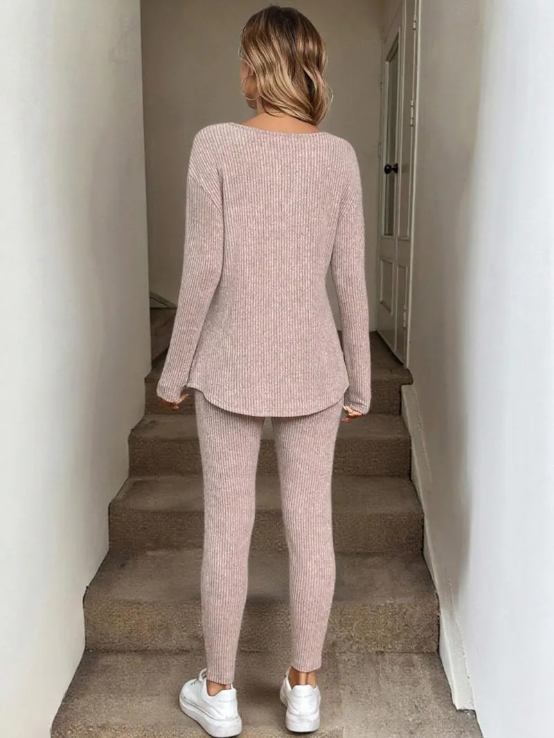 Women's Casual Plush Rib-Knit Long Sleeve T-Shirt And Leggings Suit